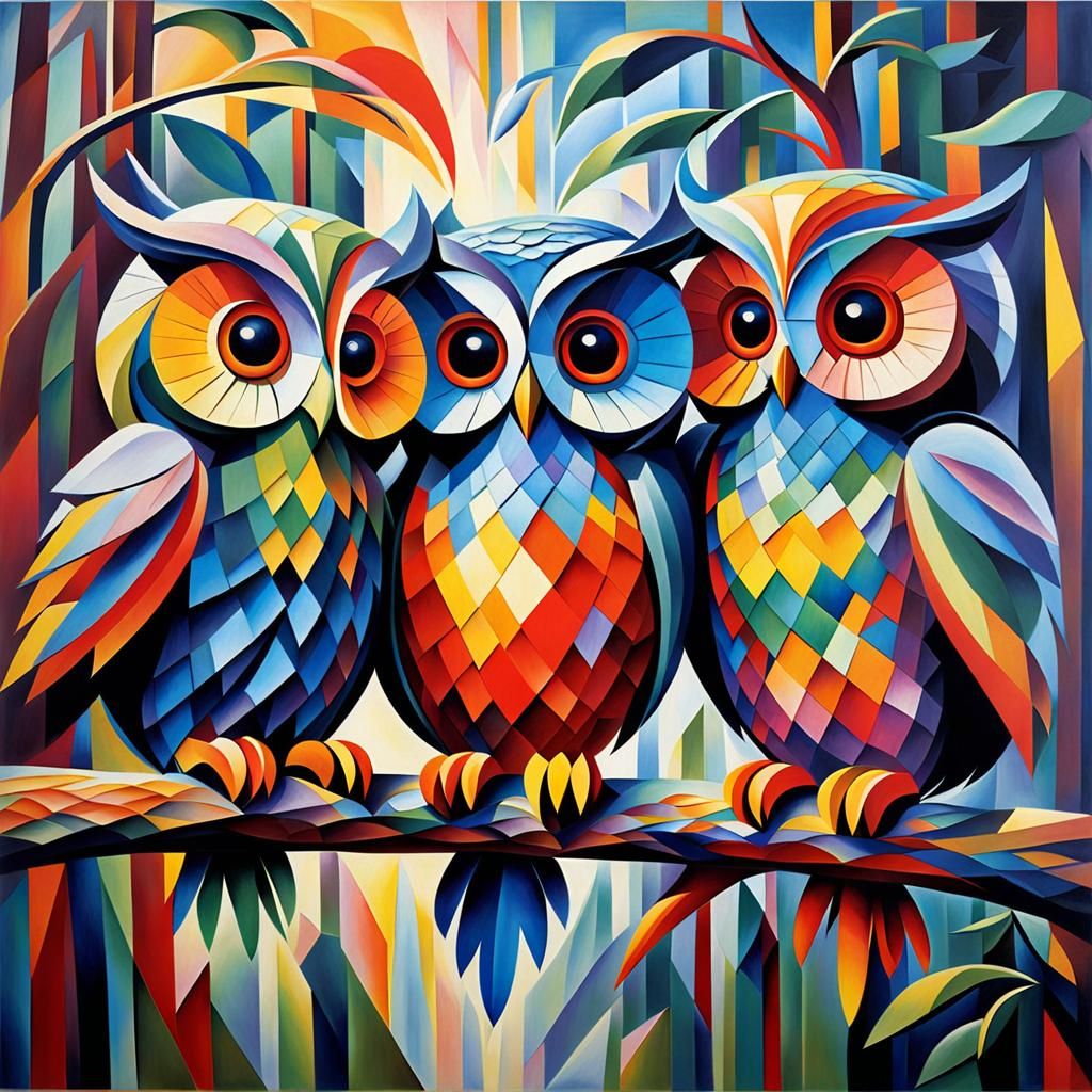Child Reading with Owls in Abstract Cubism Style