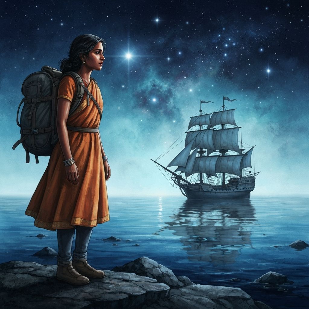 Traveler Gazes at Cosmic Galleon in Watercolor Ink Style