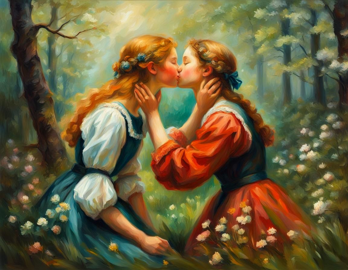 Passionate Kiss in Spring Forest, Oil Painting