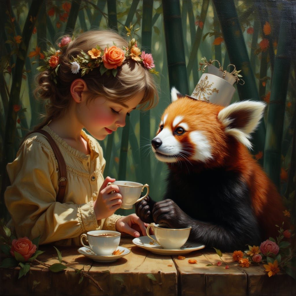 Sweet Girl Hosts High Tea with Red Panda in Bamboo Forest
