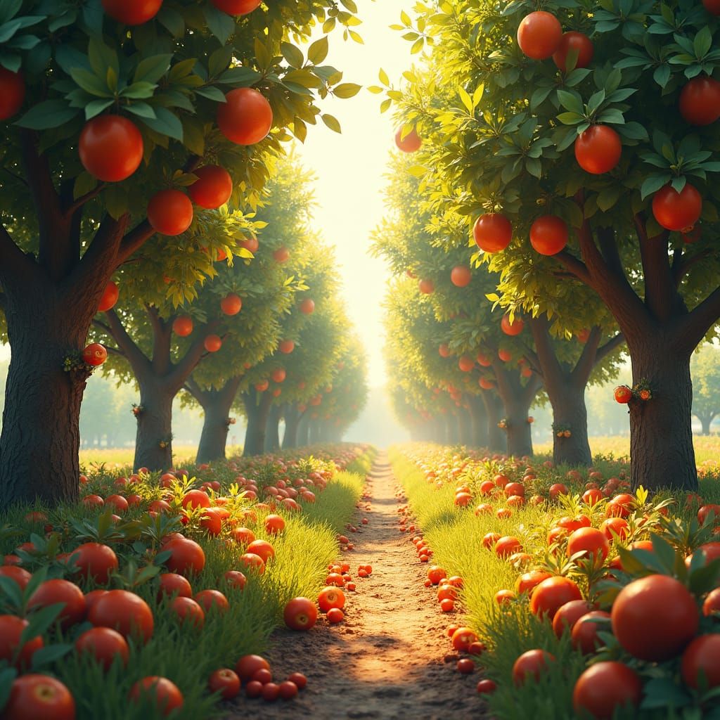 Sunlit Orchard with Lush Fruits: Fantasy Concept Art