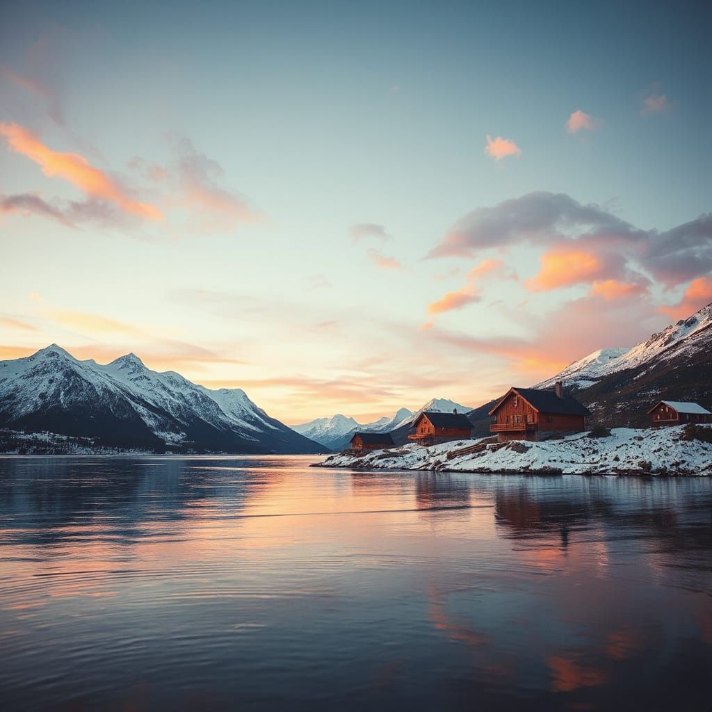 Stunning Norway Landscape Photograph with Mountains and Cabi...