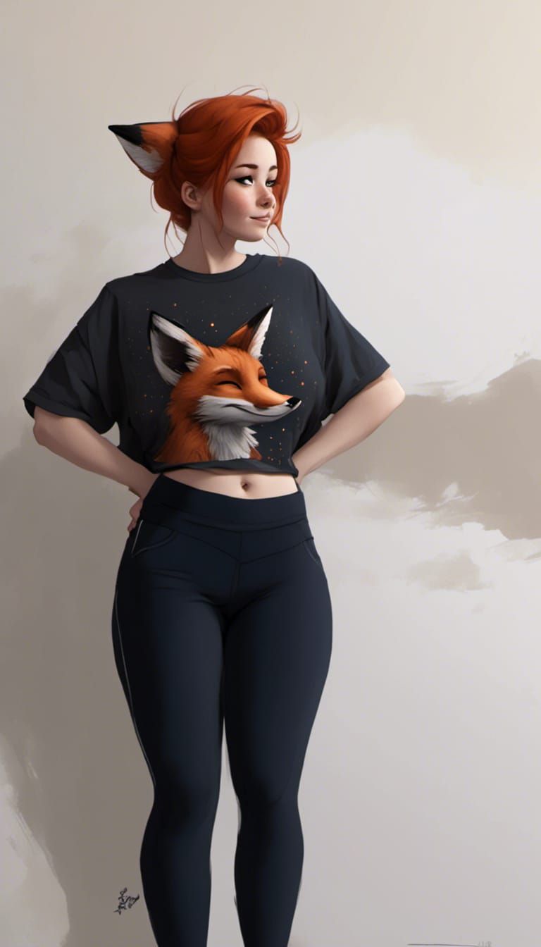 Fox-girl Vixen wearing a graphic tee and form fitting yoga pants.