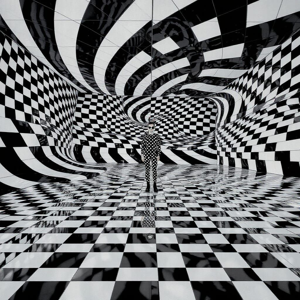Futuristic Gallery Room with Distorted Checkerboard Patterns