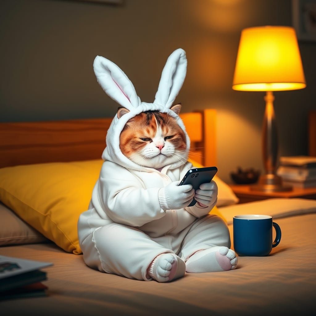 Calico Cat in Pajamas Using Phone at Night