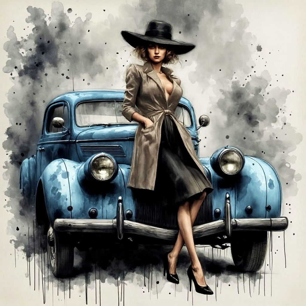 Femme Fatale in Pencil Sketch, 1940s Style