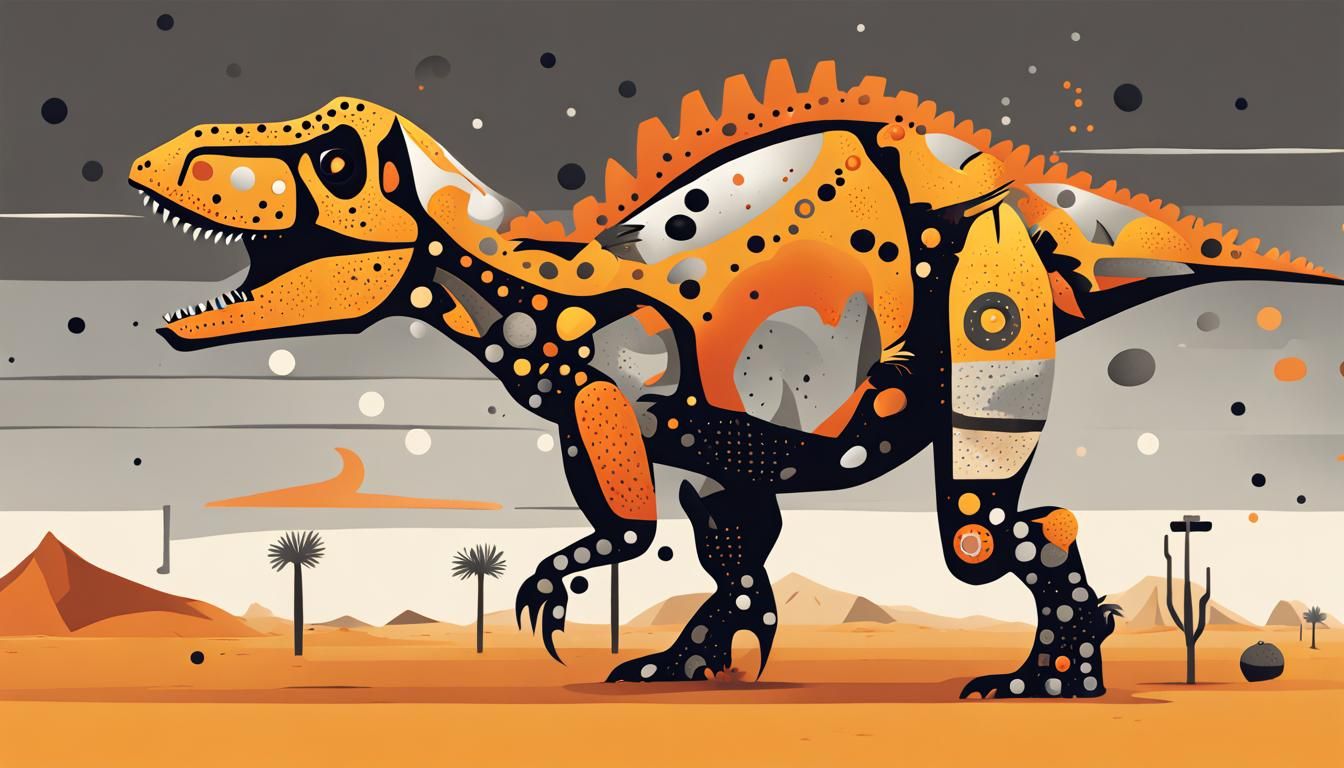 Tyrannosaurus Rex Walks Into Abstract Desert, Folk Art