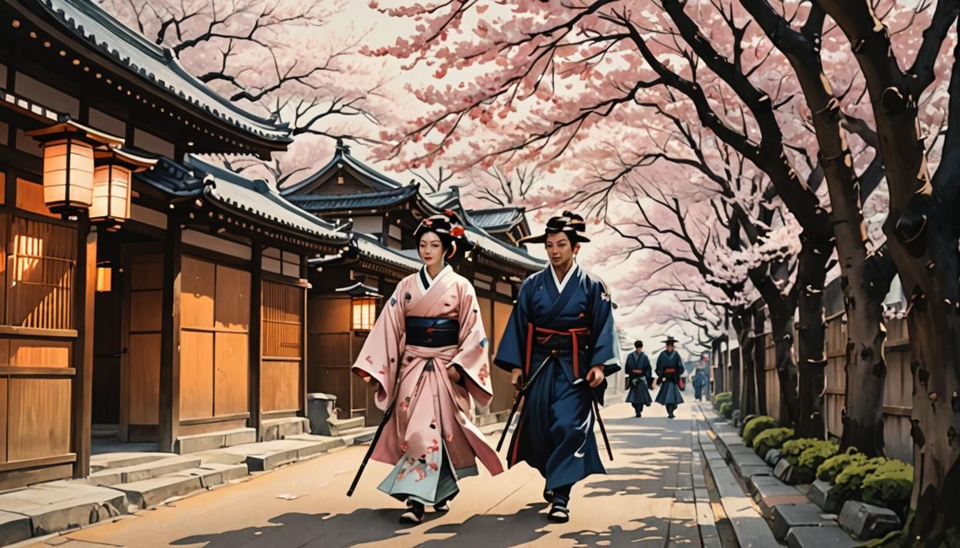 Samurai and Geisha in Ukiyo-e Watercolor Style