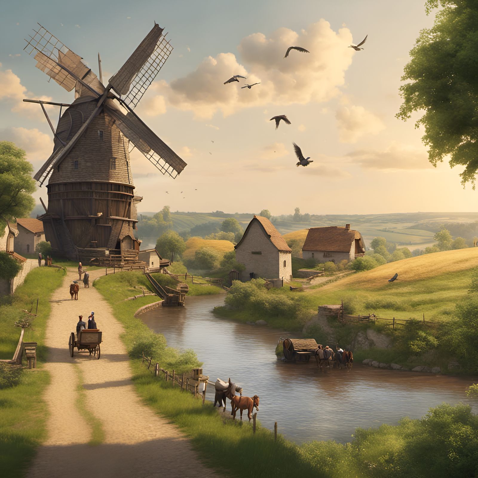 Picturesque Medieval Windmill on Hill in Summer