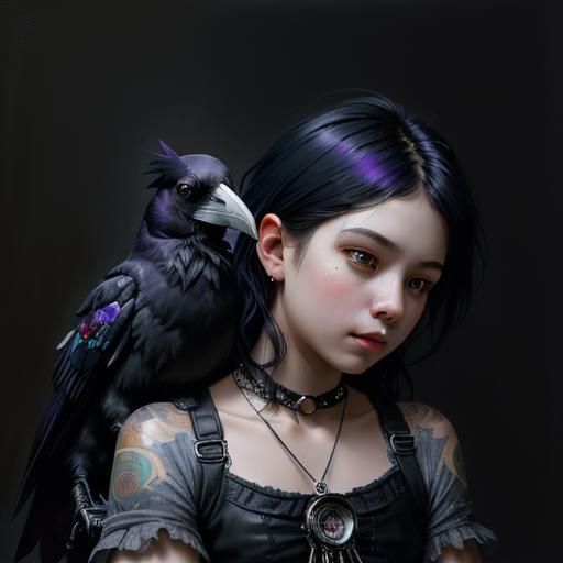 Raven on Child: Whimsical Dark Oil Painting