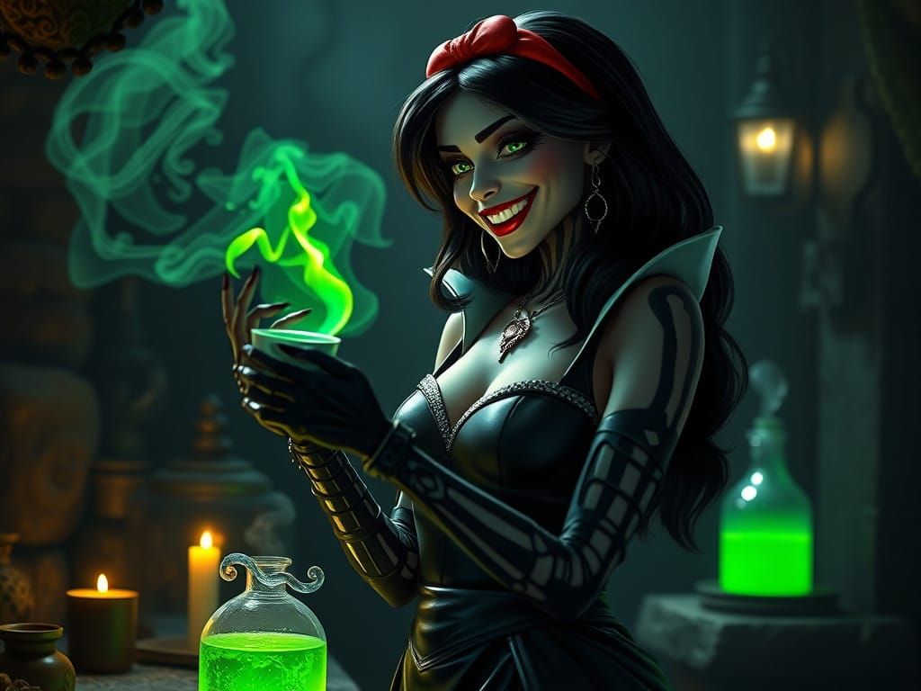 Surreal Villainess Unveils Dark Magic in Low-Lit Dungeon