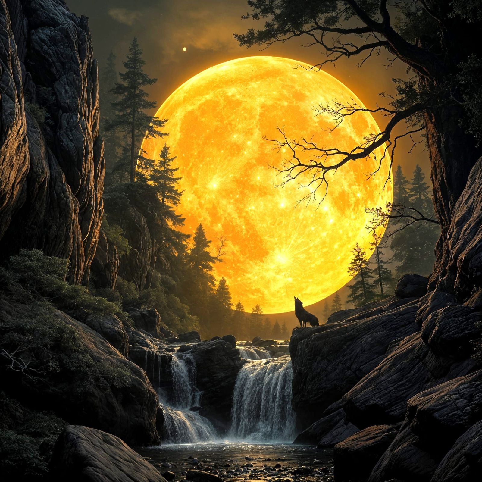 Wolf Howling at Golden Moon in Mystical Forest