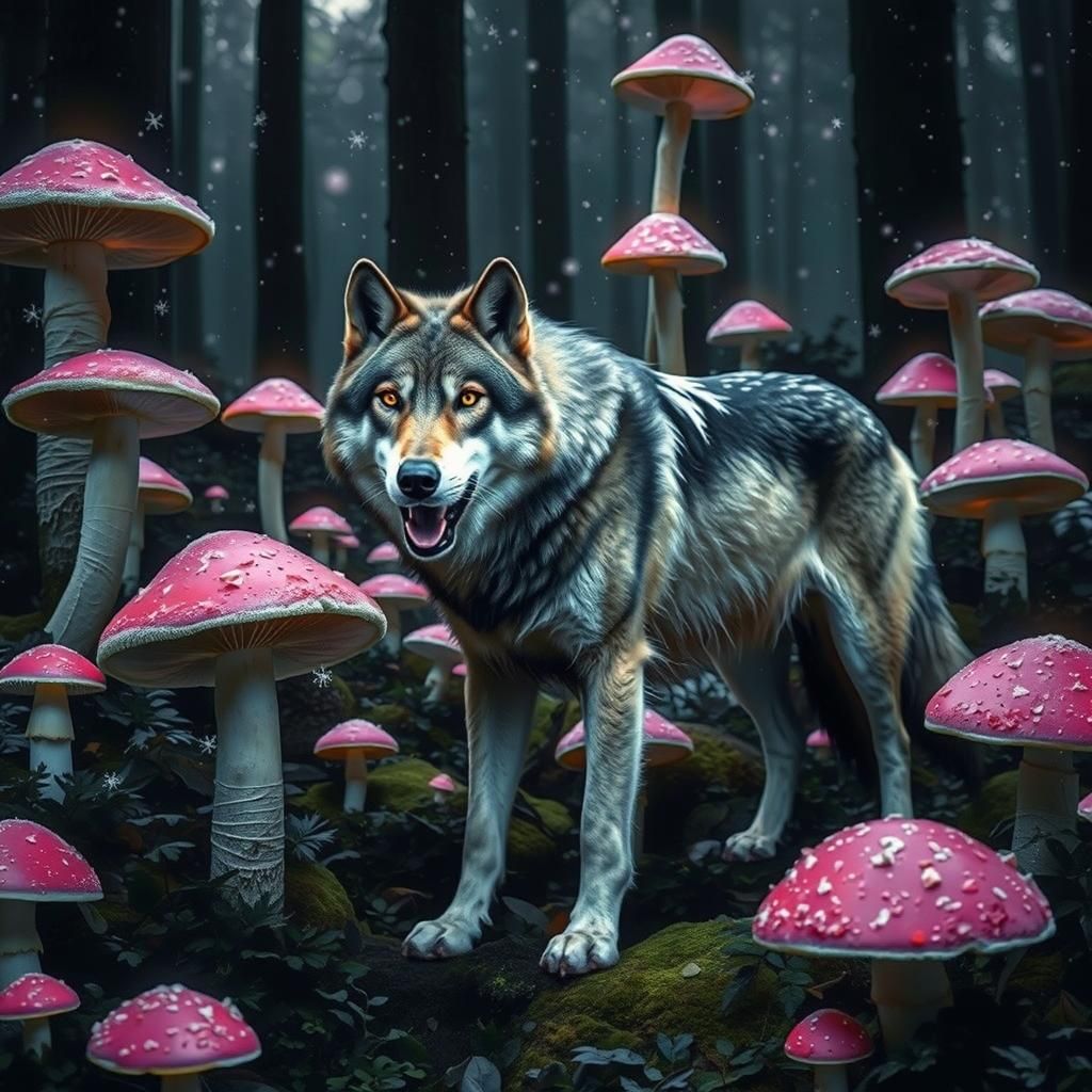 Fluorescent Wolf in Glowing Mushroom Forest