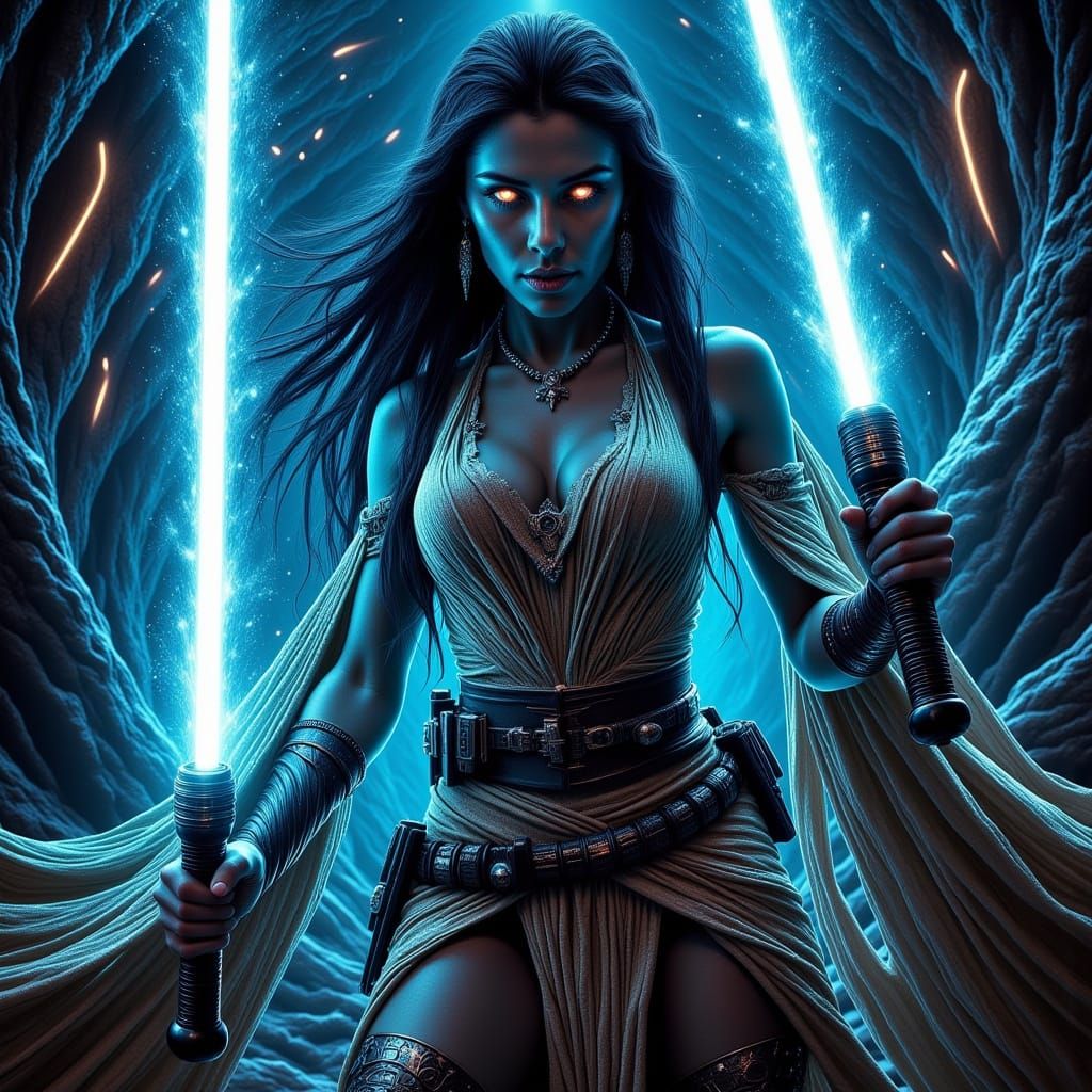 Gritty Cyberpunk Jedi Warrior Princess in a Galactic Pulp Co...