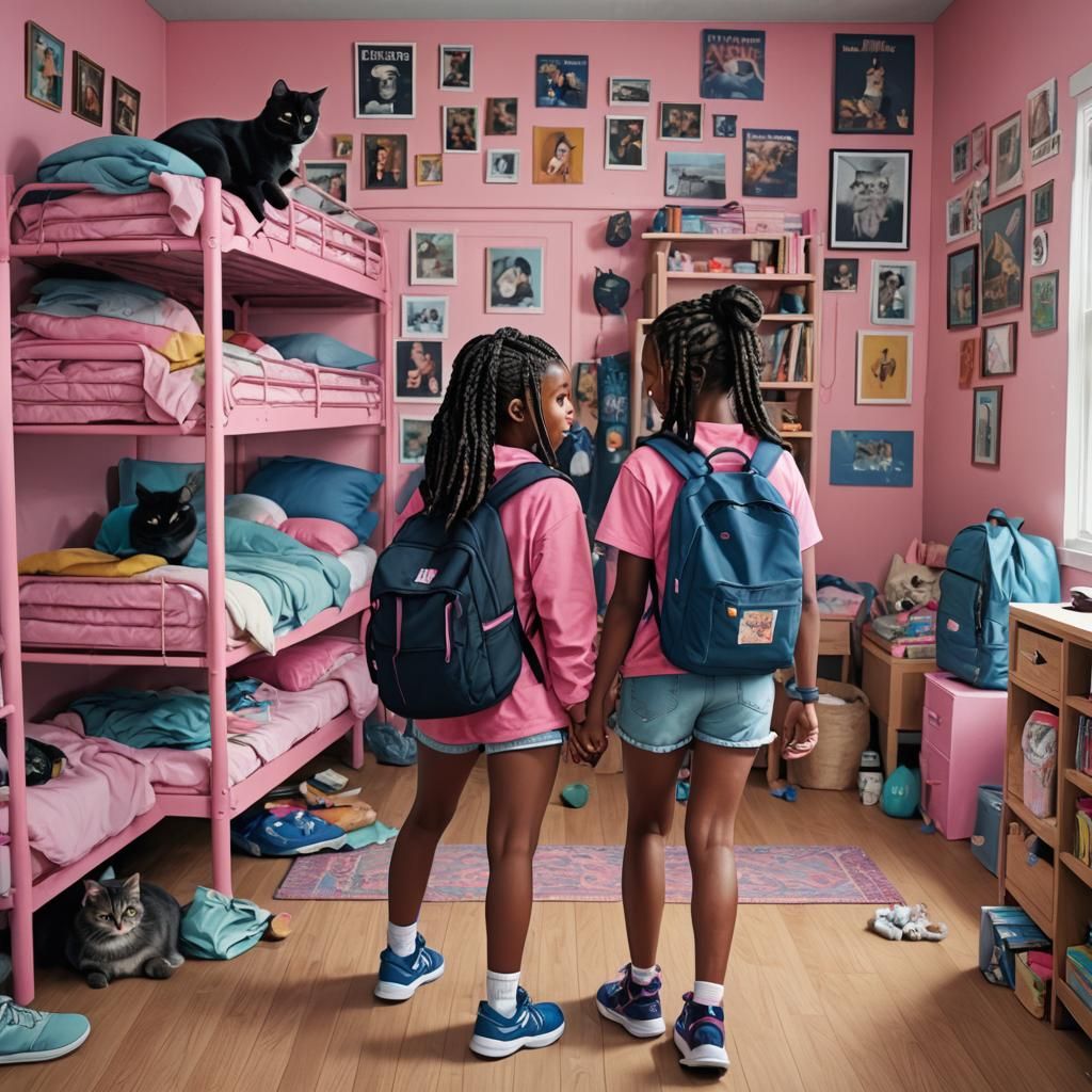 Sisters in Colorful Girls' Room: Digital Art