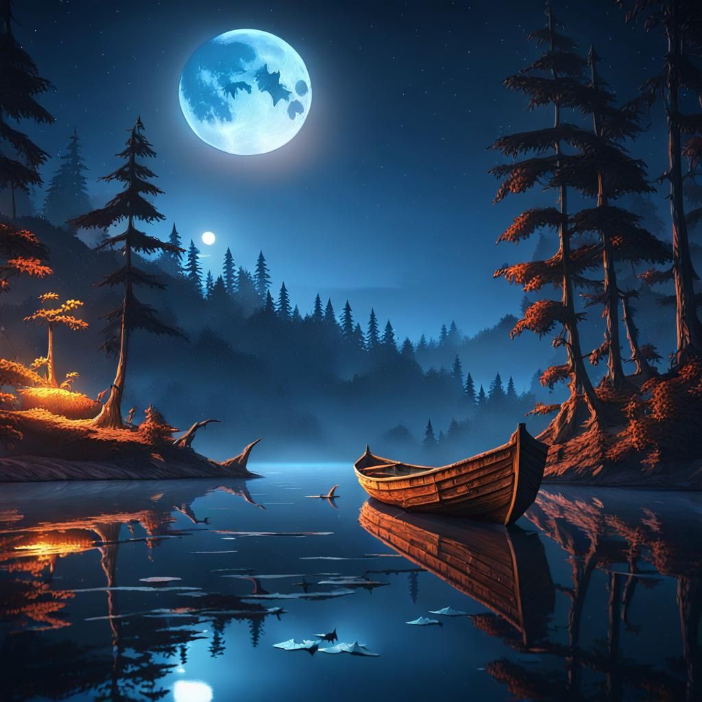 Mystical Moonlit River Scene in Detailed Fantasy Art