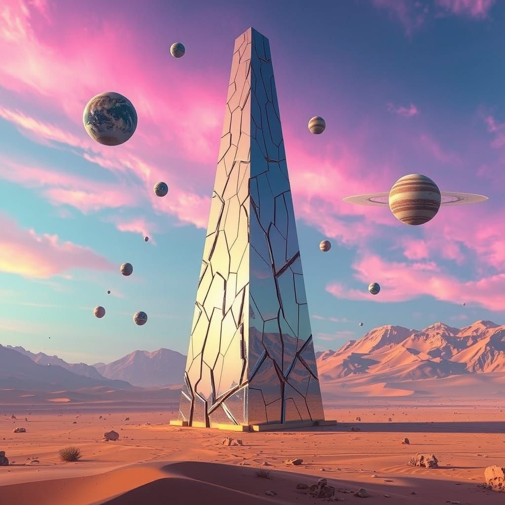 Fractured Mirror Obelisk in Barren Desert