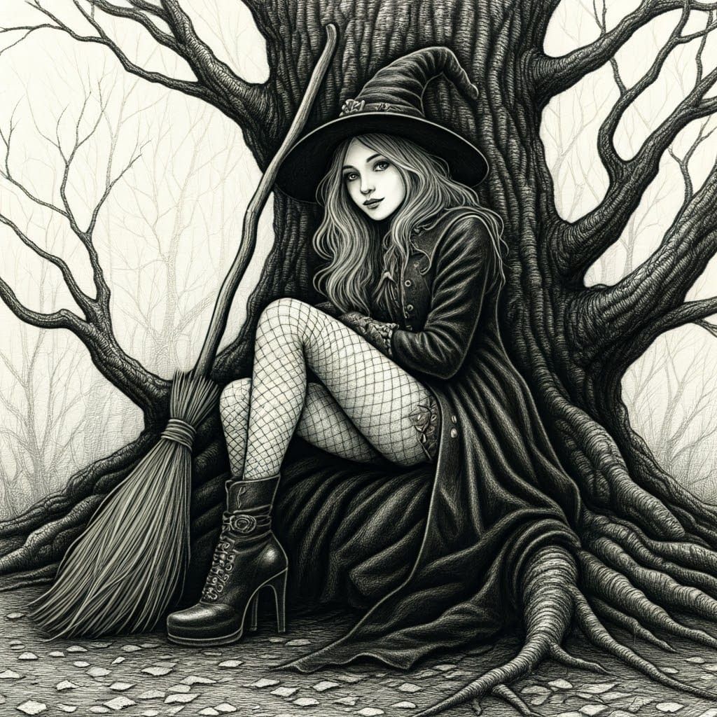 Mysterious Young Witch in Dark Coat and Pointed Hat