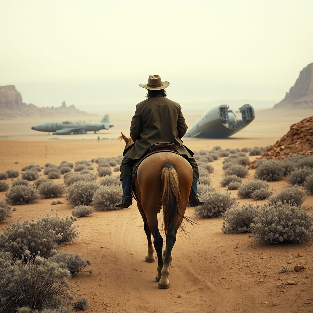 Cowboy Finds Spaceship Ruins in Desert Landscape