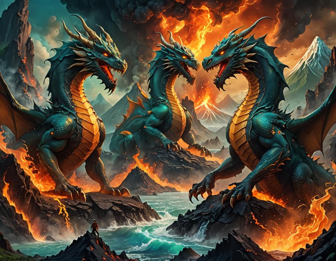Dragons in Volcanic Landscape: Fantasy Concept Art