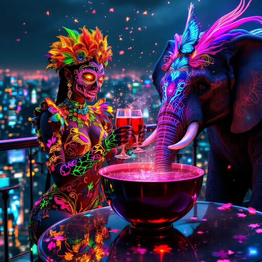Electric Party with Twin Elves and a Glowing Elephant