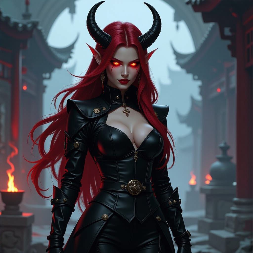 Tiefling Alchemist in Arcane Ruins, Frazetta Style