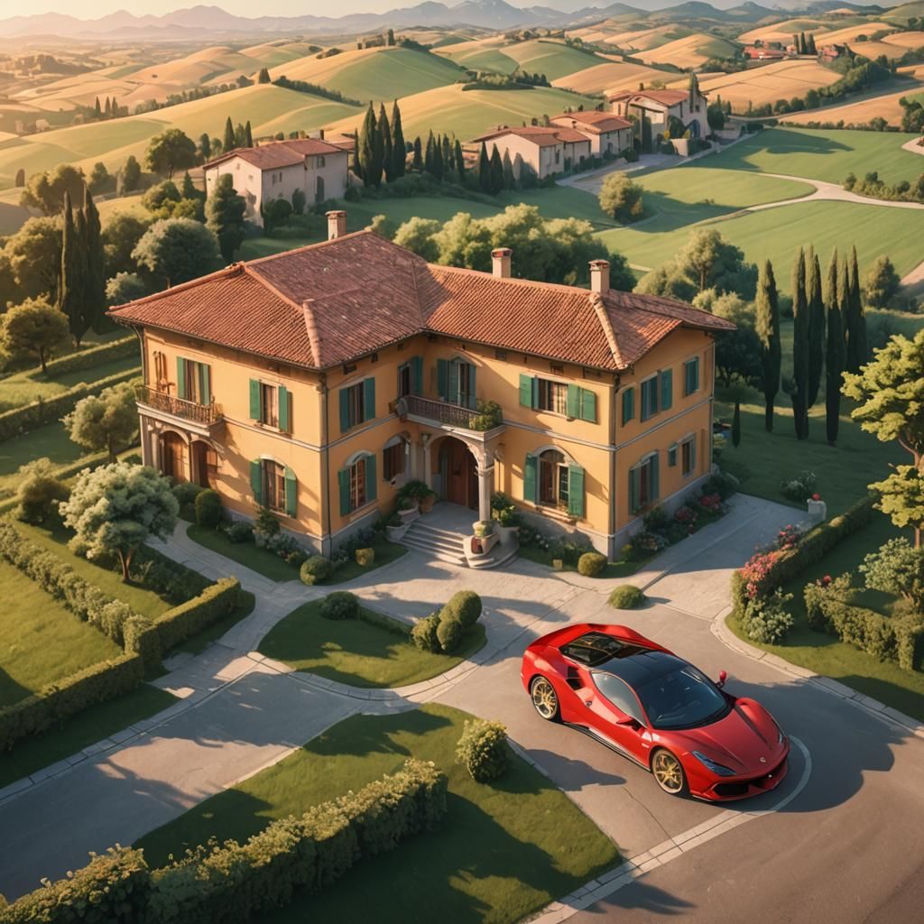Italian Casa and Ferrari in 3D Anime Style