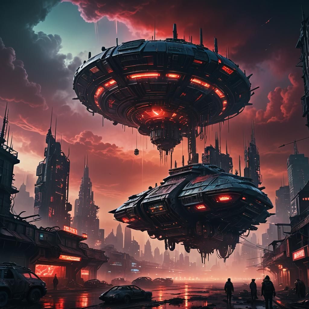 Living Metal Spaceship Over Apocalyptic Cityscape