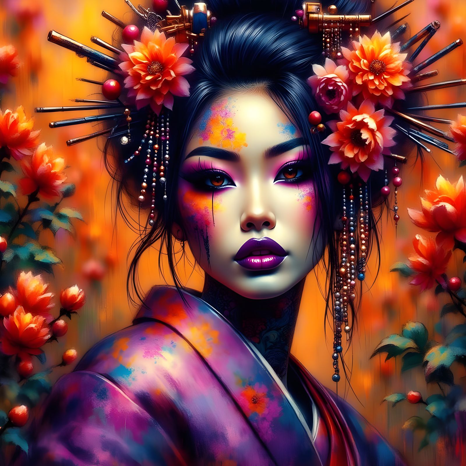 Geisha in Purple and Orange Dress with Painted Face