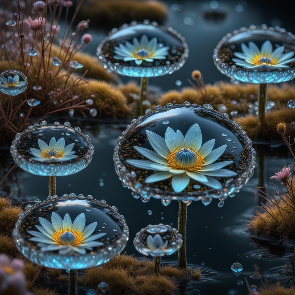 Bioluminescent Water Droplet Reflecting Moonlit Landscape