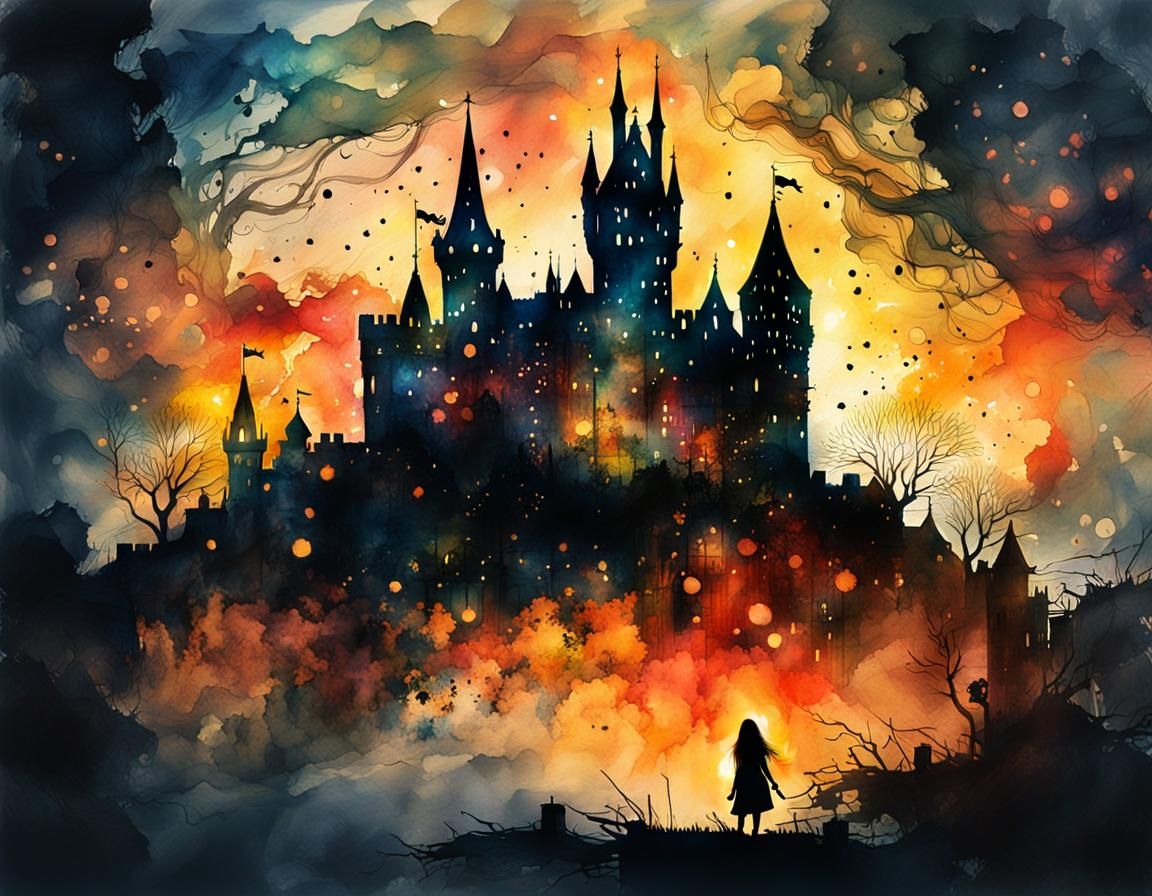 Medieval Castle Silhouette in Digital Watercolor Art