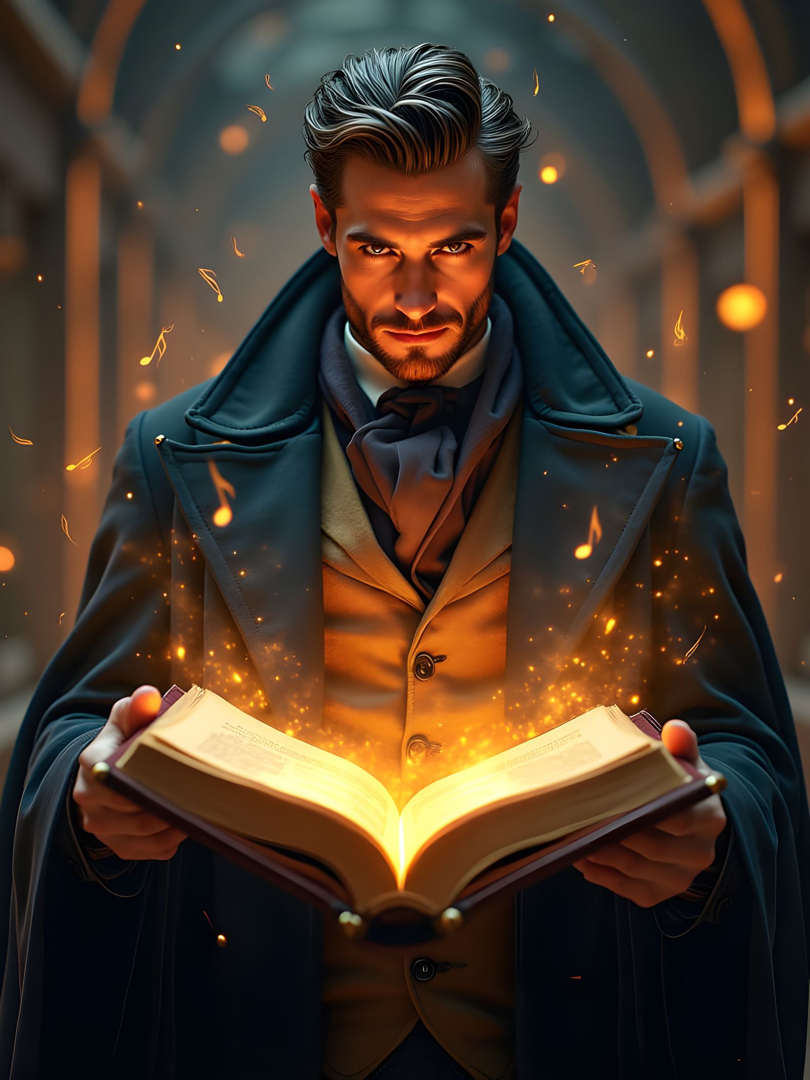 Steampunk Music Sorcerer in Victorian Attire Conducts Ethere...