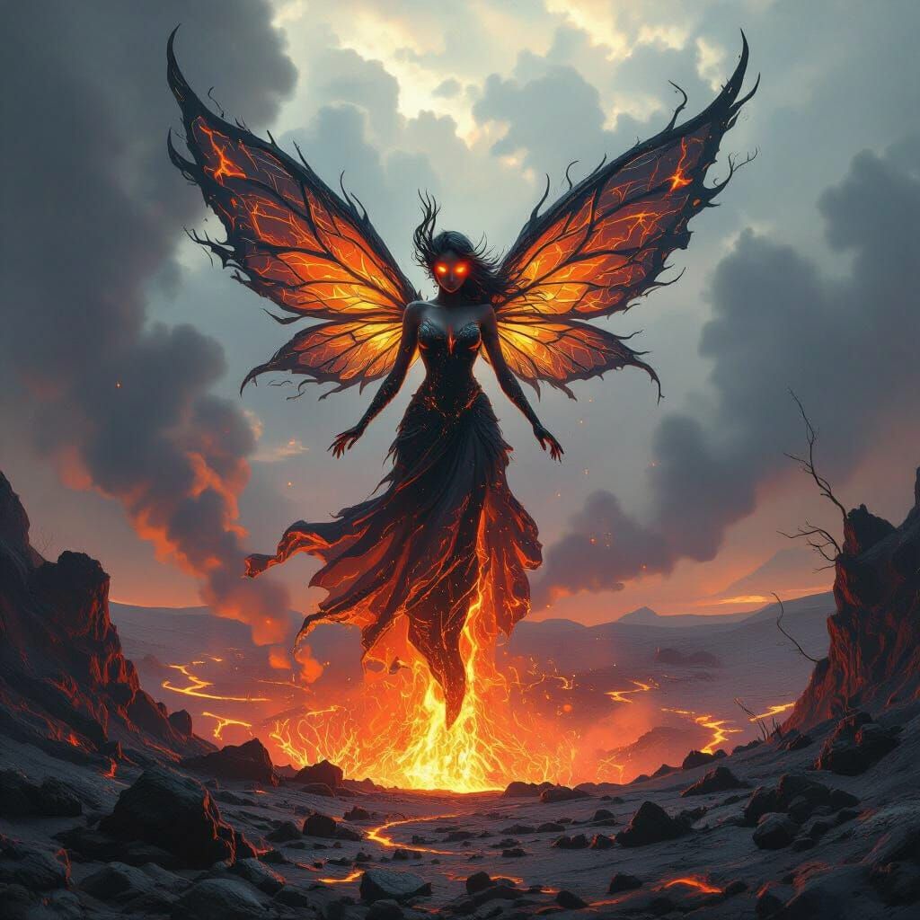 Magma Fairy Rising from Volcano in Dark Fantasy Style