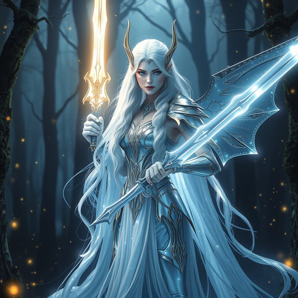 Luminous Elven Queen with Radiant Sword in Twilight Forest