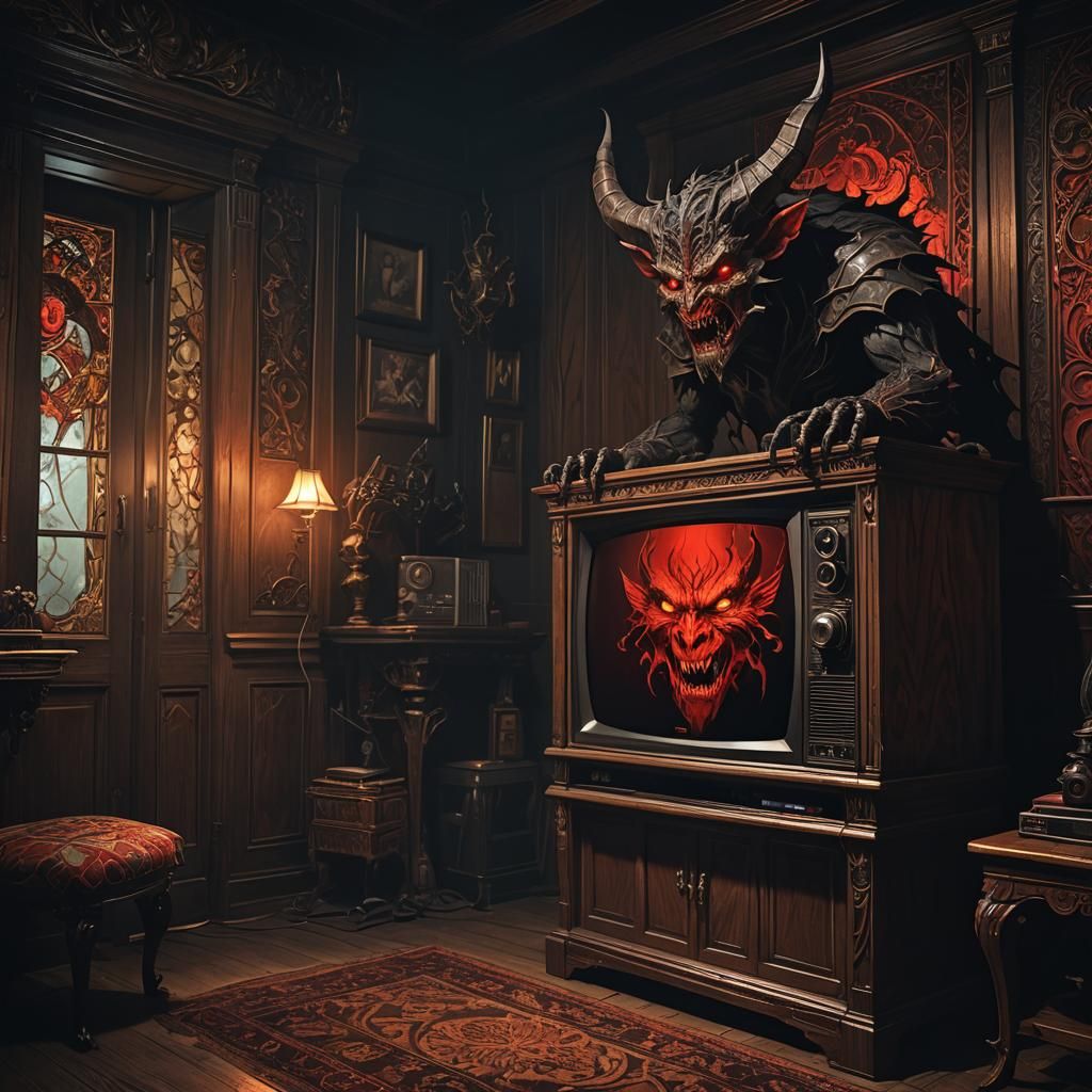 Eerie Demon Behind TV: Dark Fantasy Concept Art