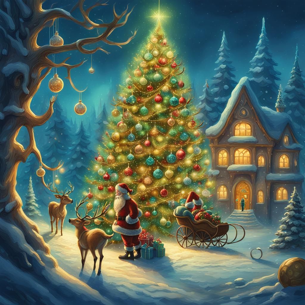 Santa and Reindeer Admire Christmas Tree in Fantasy Art