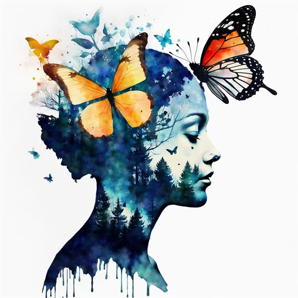 Watercolor Head Silhouette with Forest Double Exposure