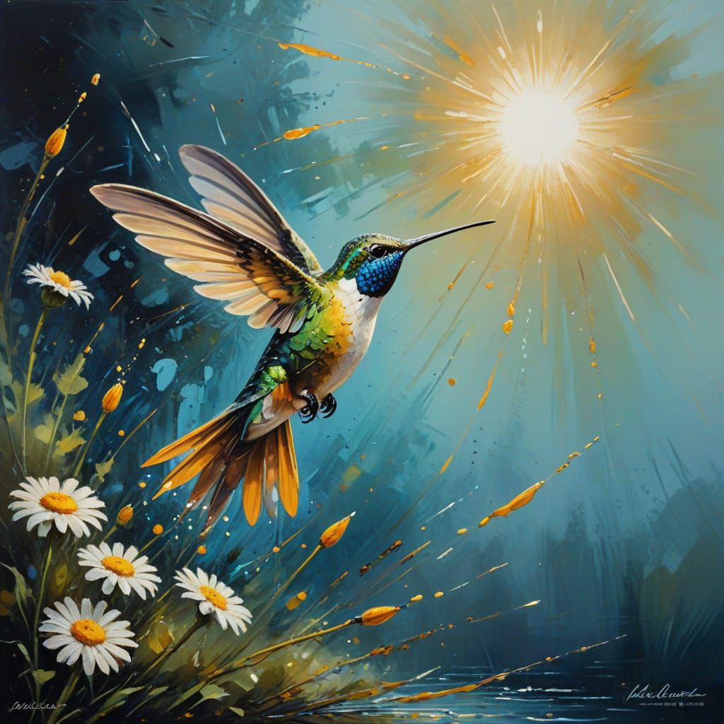 GROS PLAN Un  COLIBRI ailes déployées  aux belles couleurS, IL VOLLE AU DESSUS D'UNE MARGUERITE  le bec dedans, au desso...