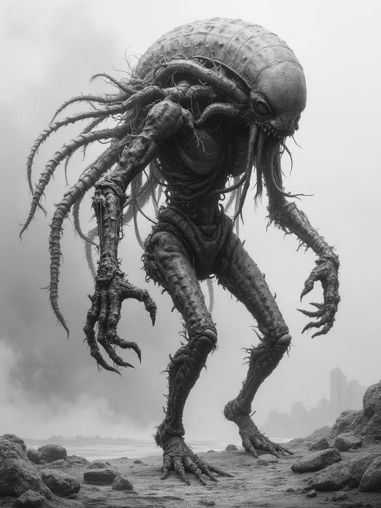 Cthulhu Cyborg Hybrid in Dystopian Landscape