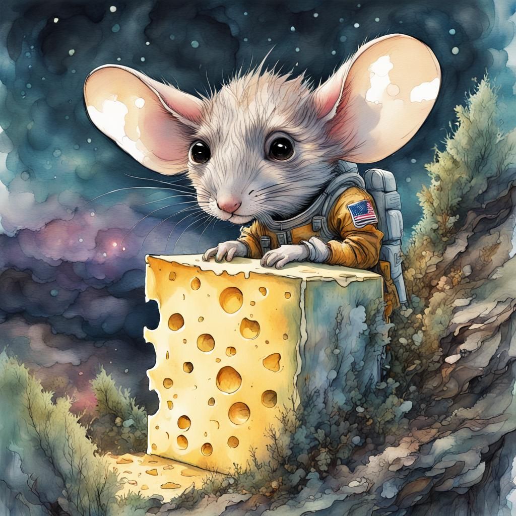 Astronaut Mouse Peeking From Cheese: Fairytale Illustration