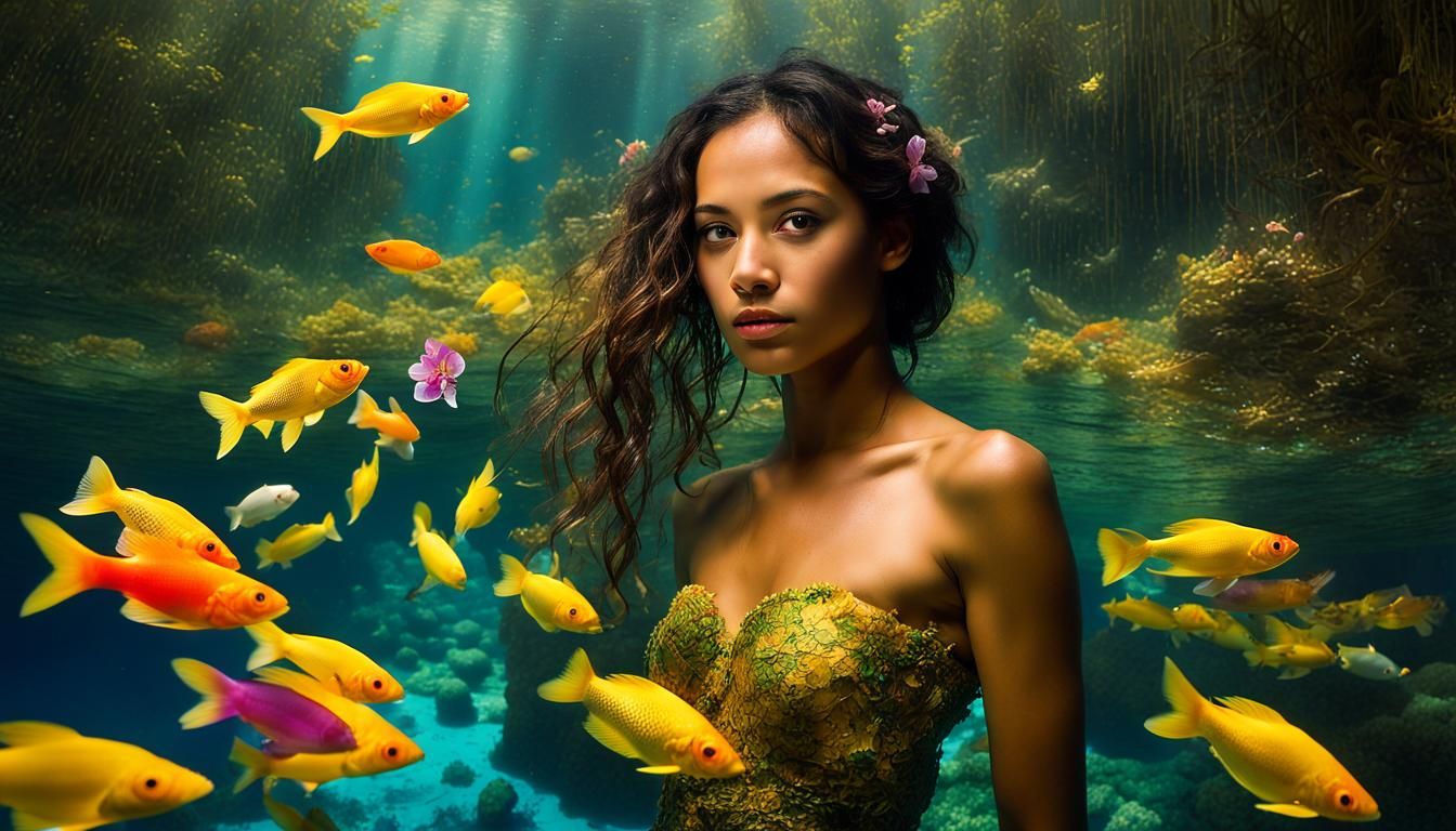 Sunlit Naiad in Jungle Pool, Avedon Style