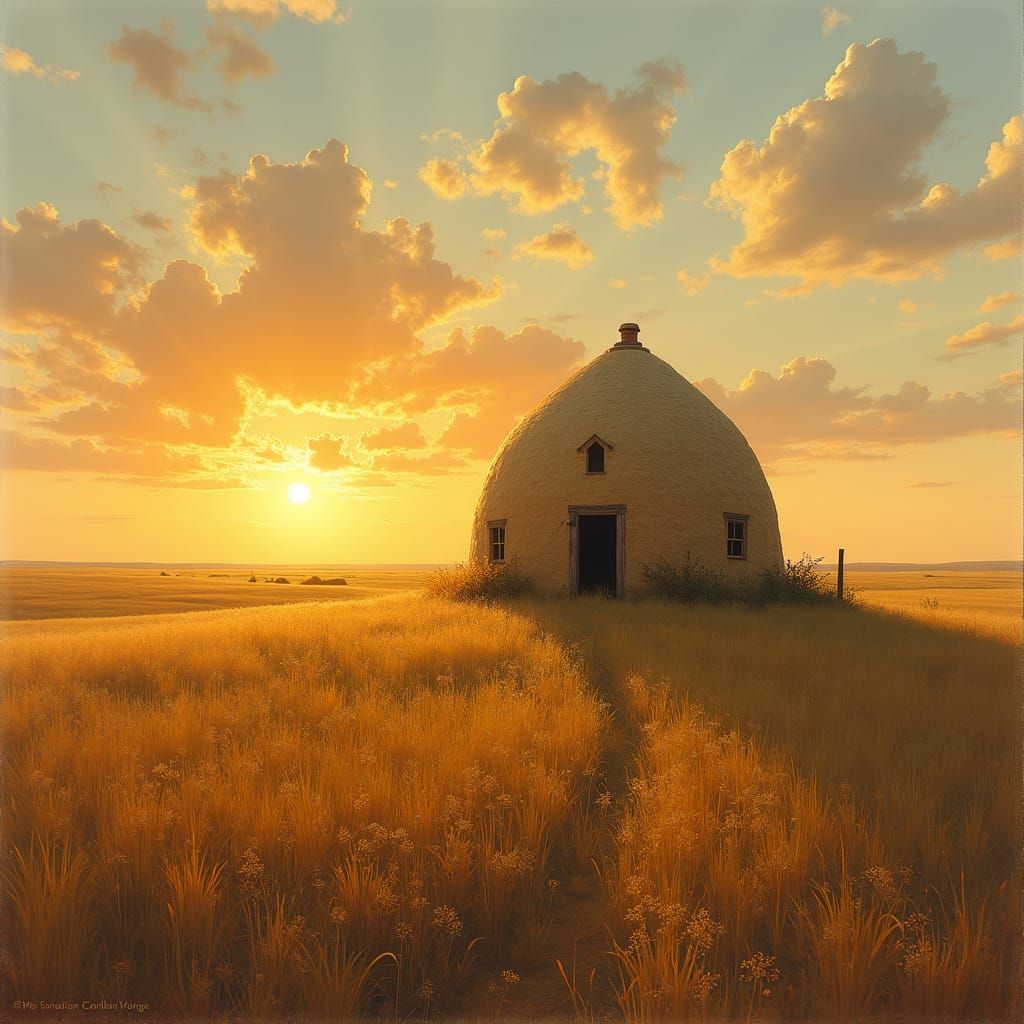 Prairie Sod House at Sunrise in Impressionist Style