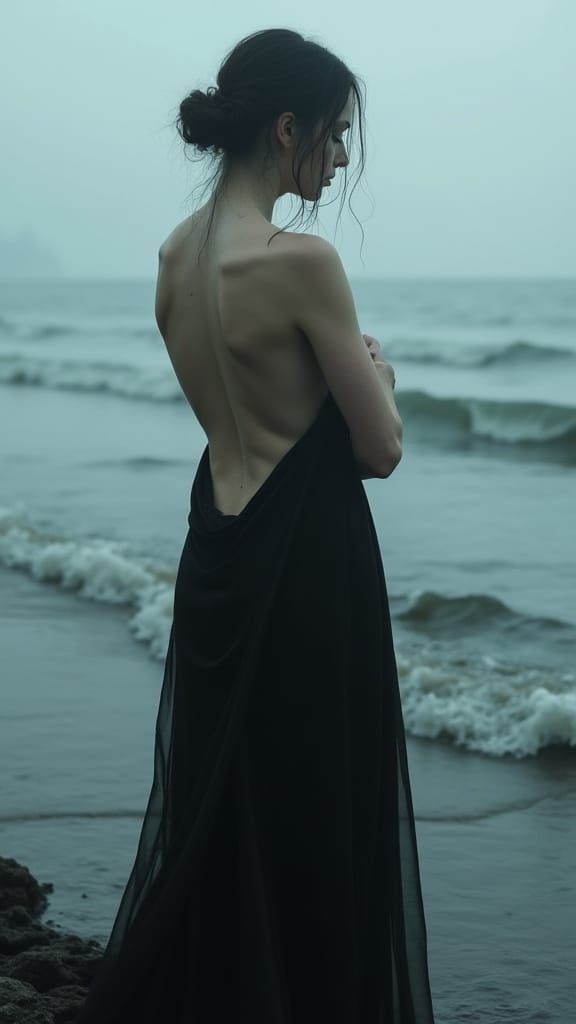Melancholic Woman on Misty Shoreline