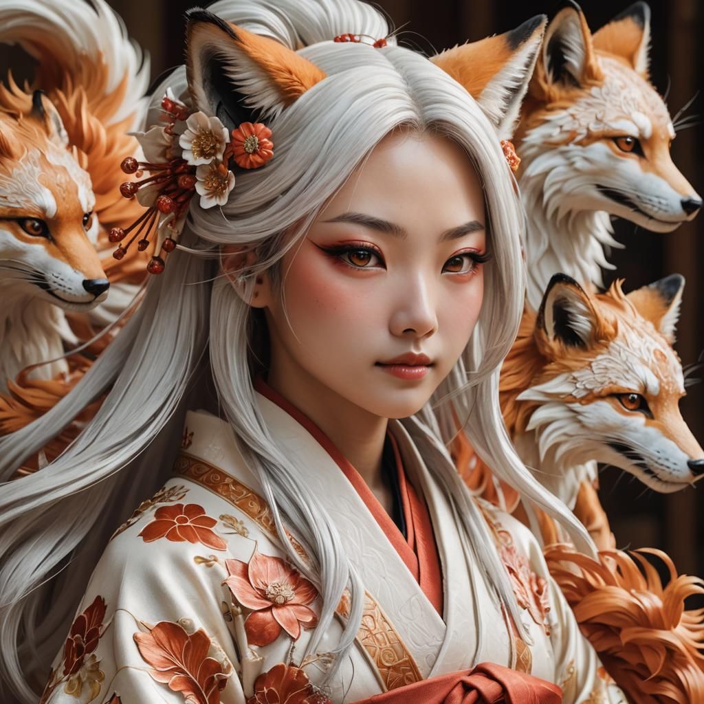 Hyperrealistic Kitsune Girl Portrait in Japanese Clothing