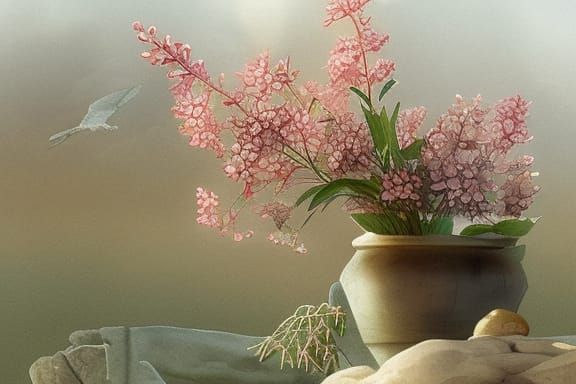 Crow and Pebble in Victorian Watercolor Vase