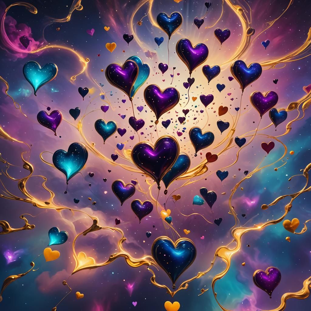 Floating Hearts in Deep Space: Surreal Oil Painting