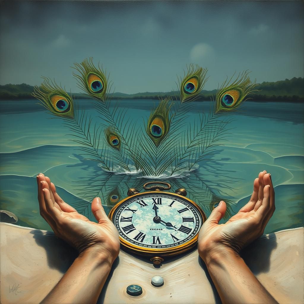 Surreal Lakeside Scene with Peacock Feathers and Melted Cloc...