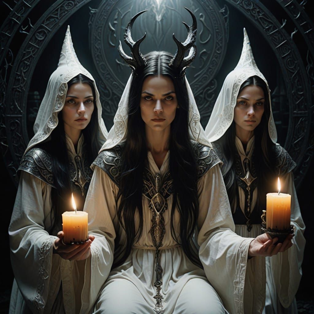 Mystical Witches in Pristine White Robes, Radiating Ethereal...