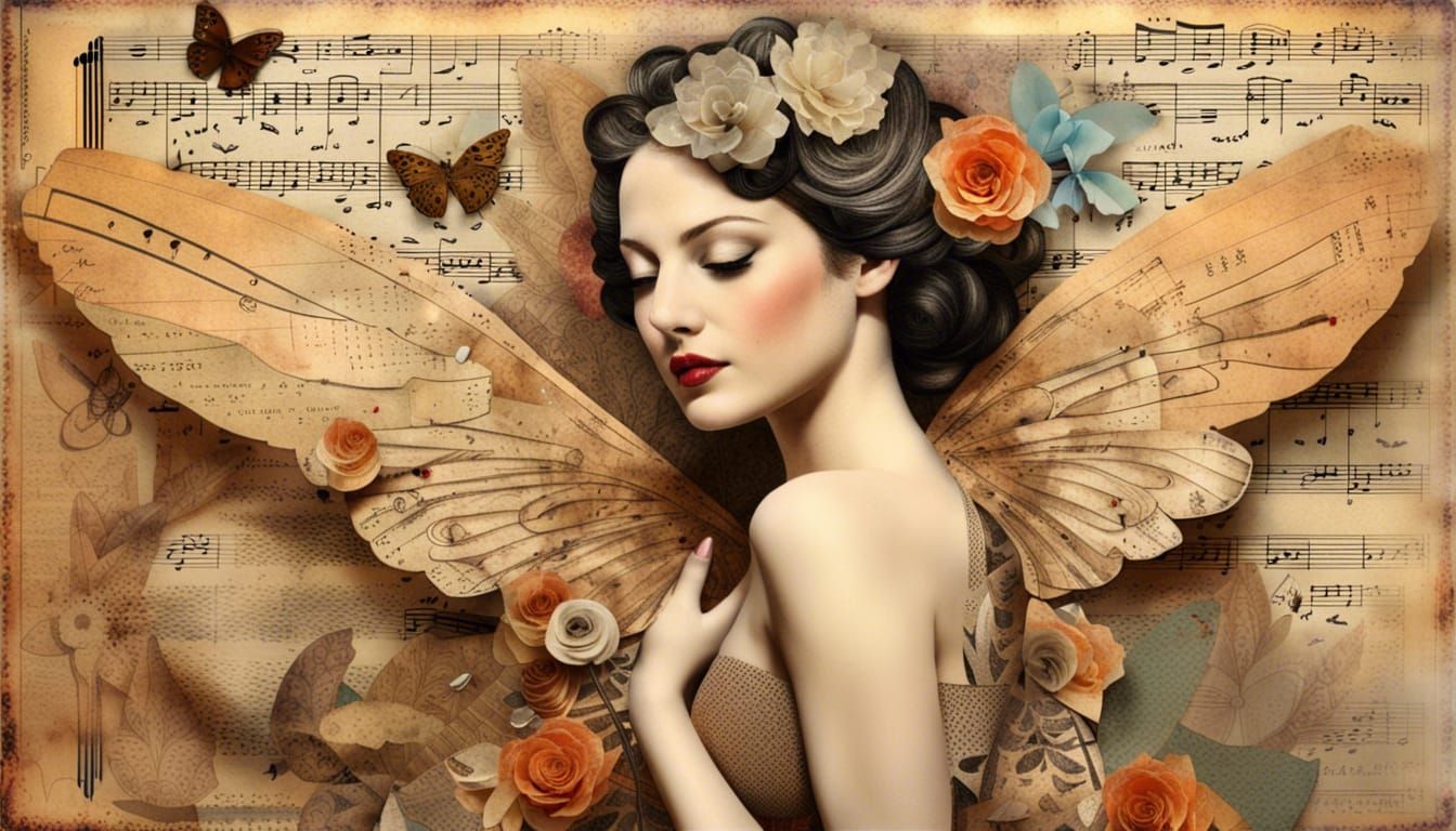 Retro Collage of Angel with Butterfly Wings