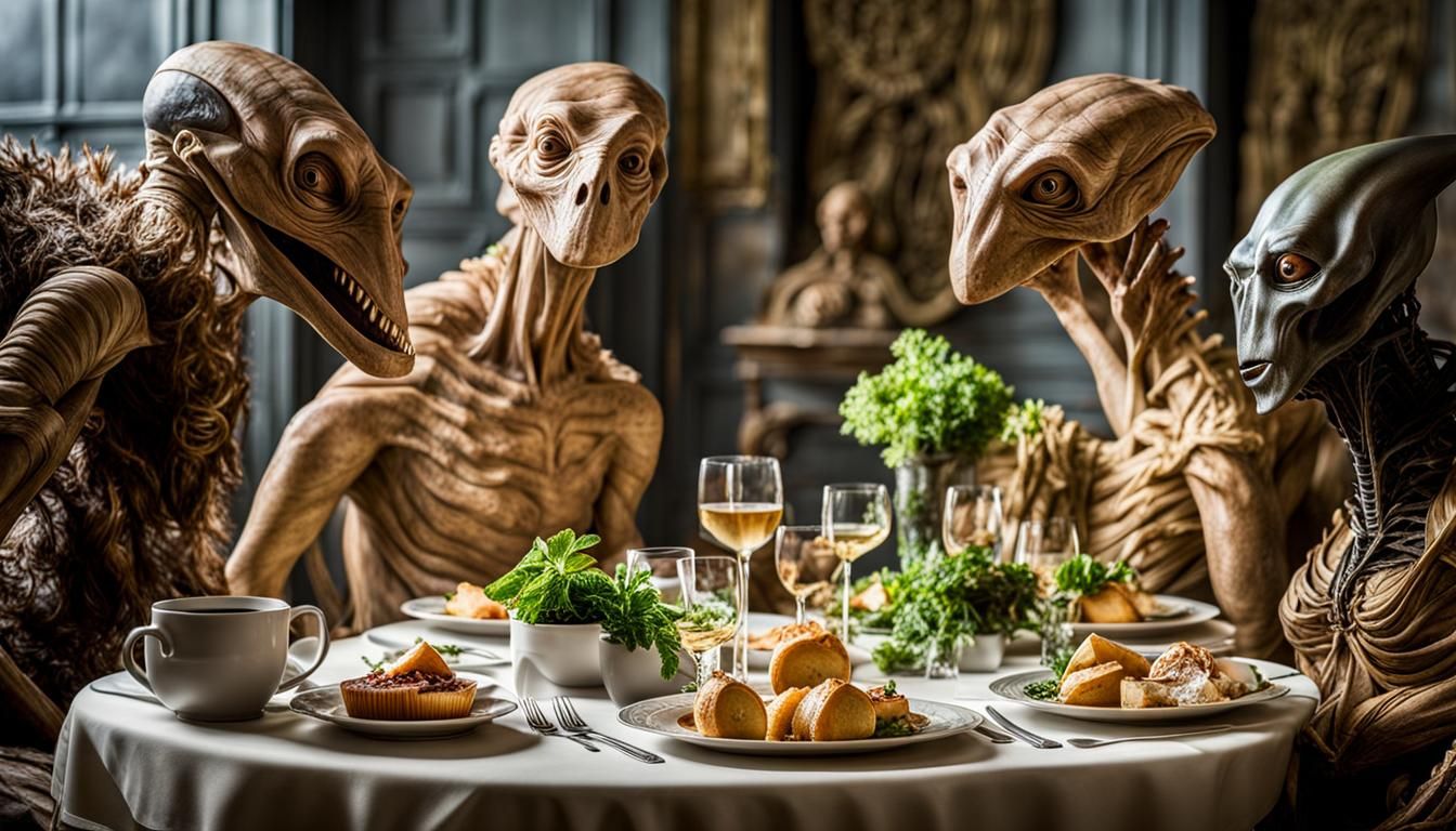 Surreal Alien Restaurant Celebration in Gritty Realism